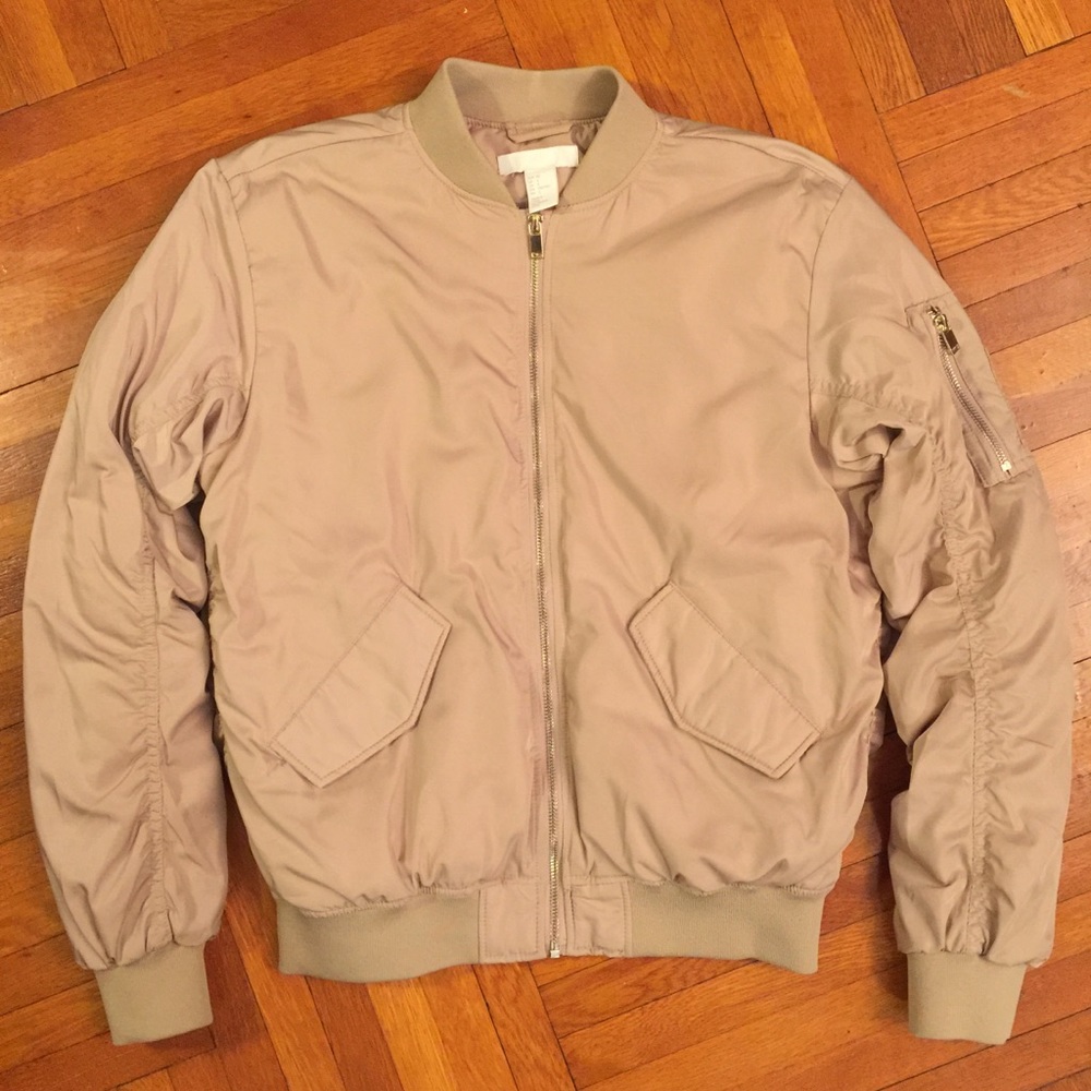 H&M Beige Satin Bomber Jacket - Size 2